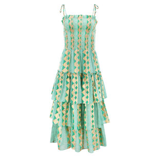 Smocked Tie Strap Ruffle Midi Dress