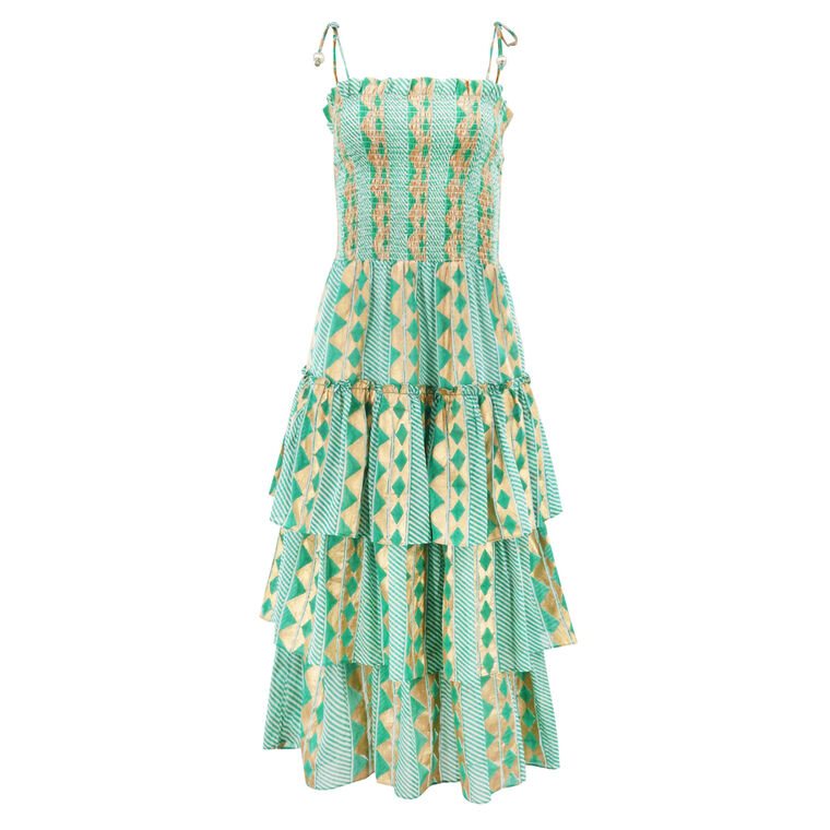 Smocked Tie Strap Ruffle Midi Dress image number null