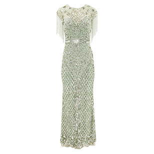 High Neck Sleeveless Beaded Fringe Fitted Gown