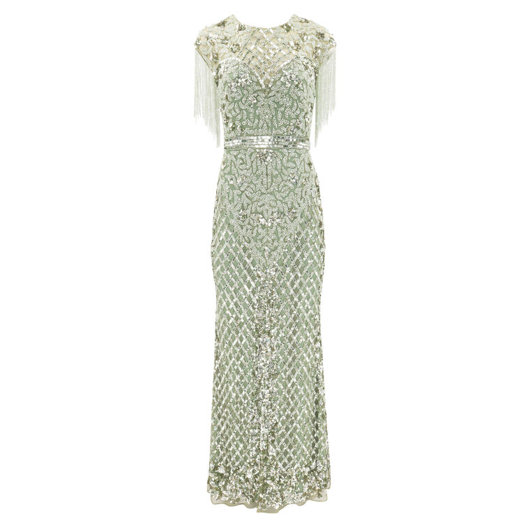 High Neck Sleeveless Beaded Fringe Fitted Gown image number null