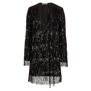V-Neck Sequin Fringe Mini Dress With Bow Detail