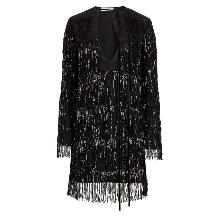 V-Neck Sequin Fringe Mini Dress With Bow Detail image number null