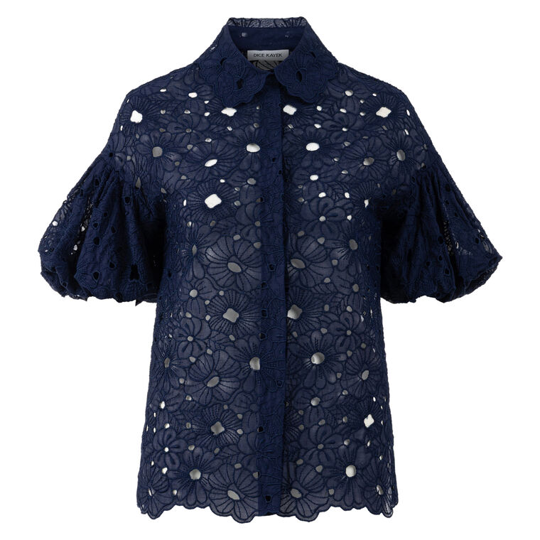 Embroidered Cotton Puff Sleeve Button Down Blouse image number null