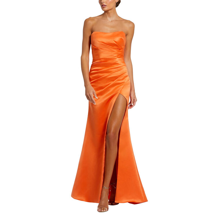 Strapless Gathered High Slit Gown image number null
