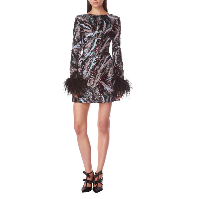 Tokyo Long Sleeve Feather Trim Sequin Mini Dress image number null