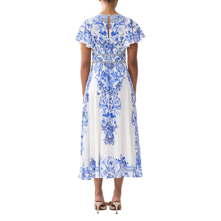 Waisted Midi Dress With Flutter Sleeve image number null