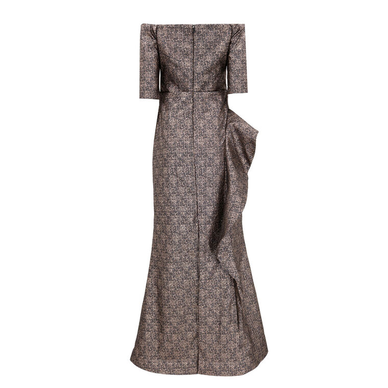 Metallic Jacquard Off Shoulder Ruffle Gown image number null