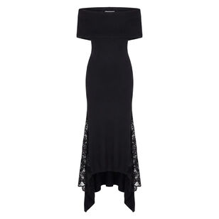 Off-The-Shoulder Lace Knit Asymmetric Hem Midi Dress