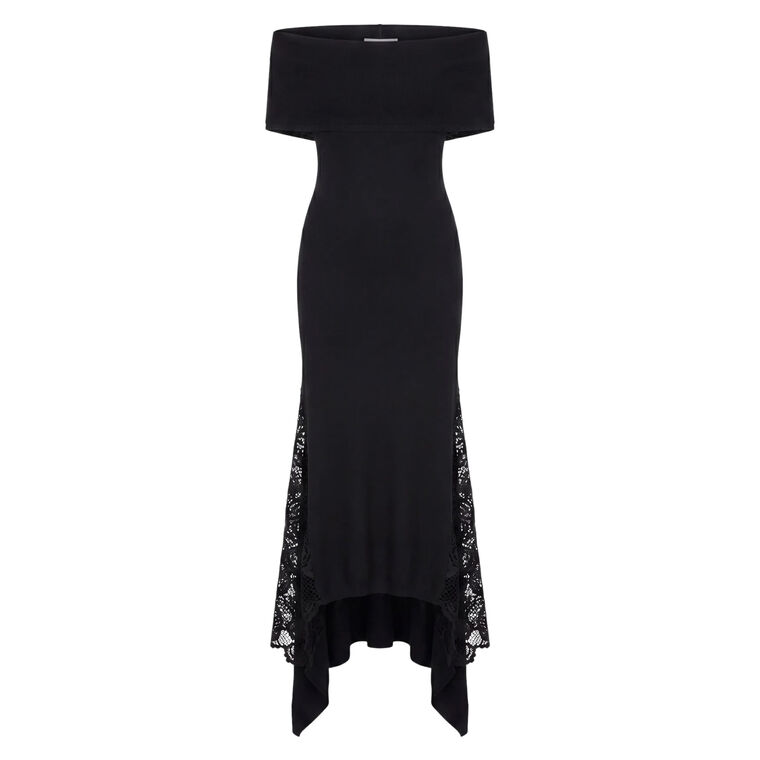 Off-The-Shoulder Lace Knit Asymmetric Hem Midi Dress image number null