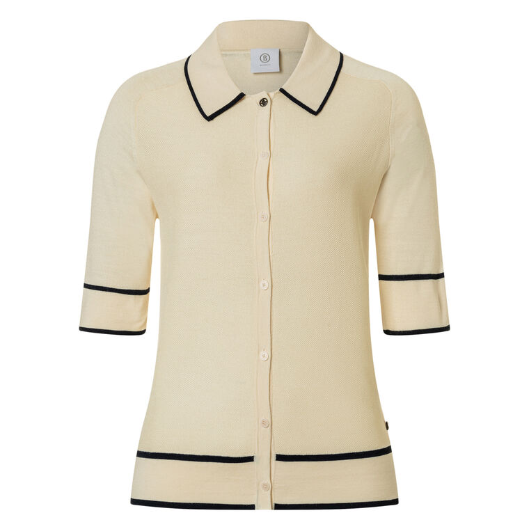 Peaches Short Sleeve Silk Knit Button Down Top image number null