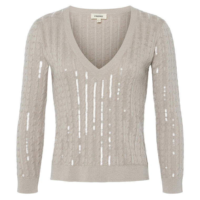 Trinity Sequin Stripe Cable V-Neck Sweater image number null