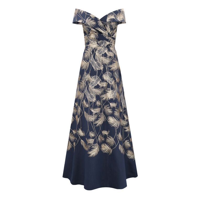Jacquard Leaf Pattern Off Shoulder Gown image number null