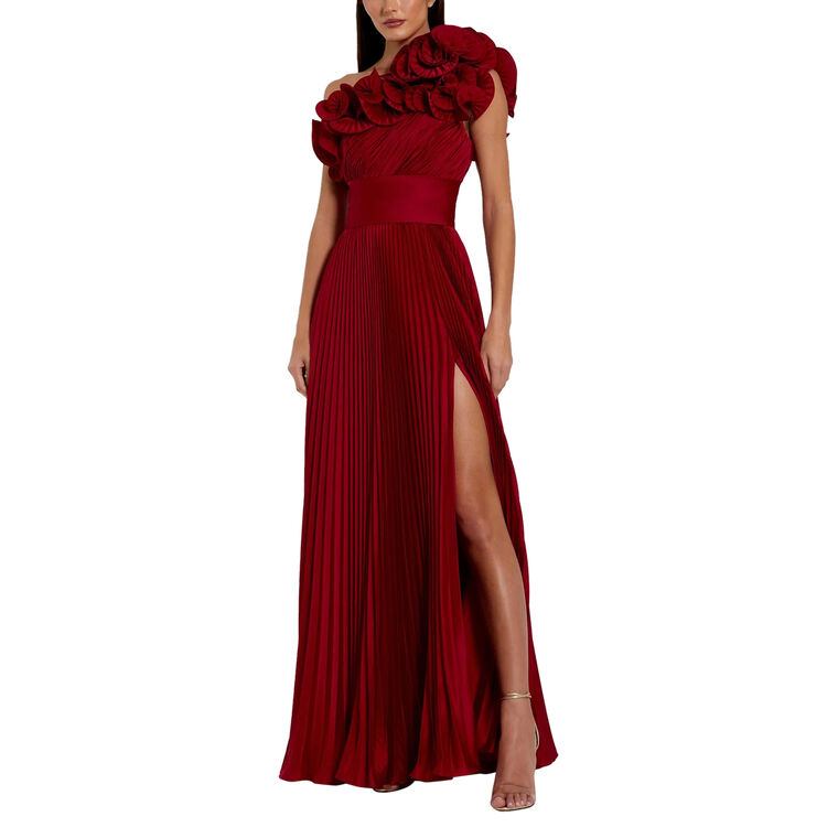 Pleated Charmeuse One Shoulder Ruffle Gown image number null