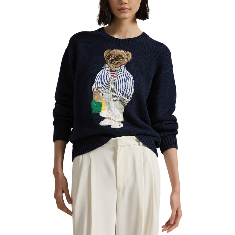 Striped Polo Bear Cotton Crewneck Pullover Sweater image number null