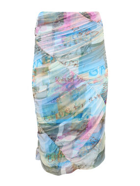 Printed Mesh Ruched Midi Skirt