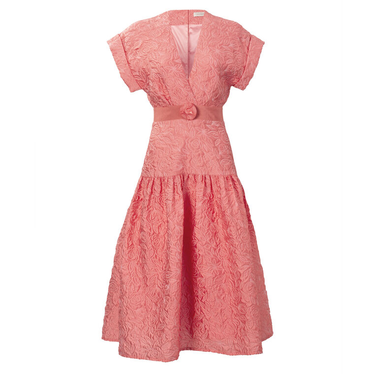 Metaponto Cap Sleeve V-Neck Belted Midi Dress image number null