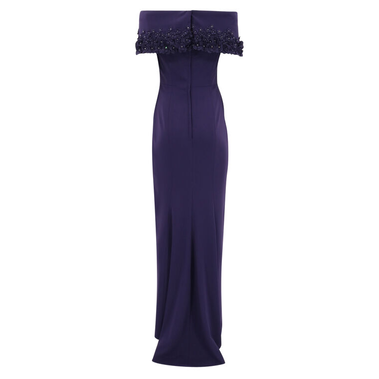 Off-Shoulder Roll Collar Gown With Floral Embroidery image number null