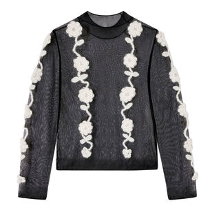 Sheer Flower Crochet Applique Long Sleeve Turtleneck Top