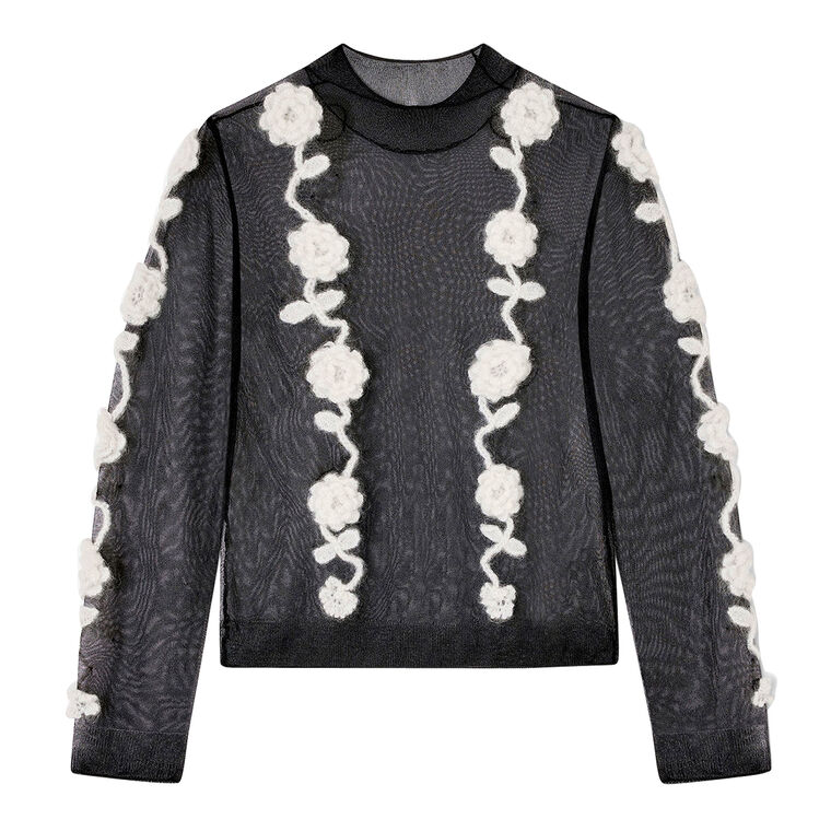 Sheer Flower Crochet Applique Long Sleeve Turtleneck Top image number null