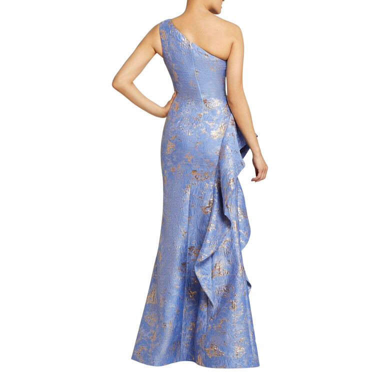 Jacquard One Shoulder Side Ruffle Gown image number null