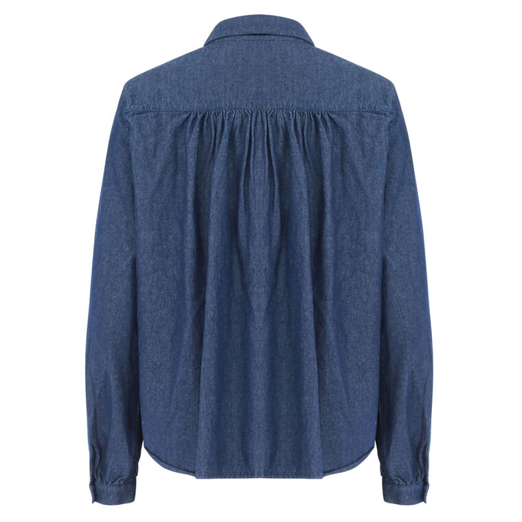 Celine Long Sleeve Ruffle Front Denim Shirt image number null