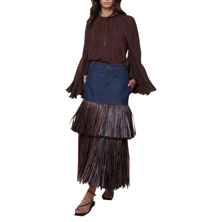 Calipso Denim Raffia Detail Ankle Skirt image number null