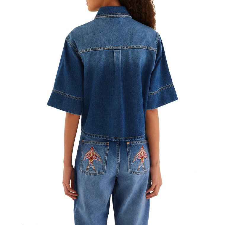 Porcelain Birds Embroidered Denim Shirt image number null