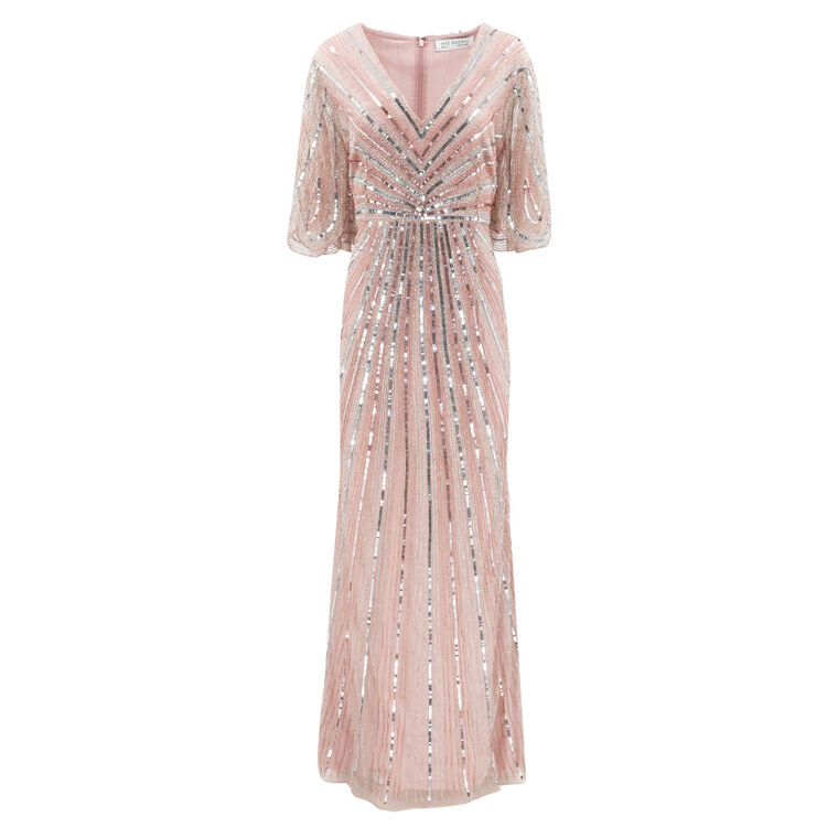 Sequined V-Neck Cape Sleeve Column Gown image number null