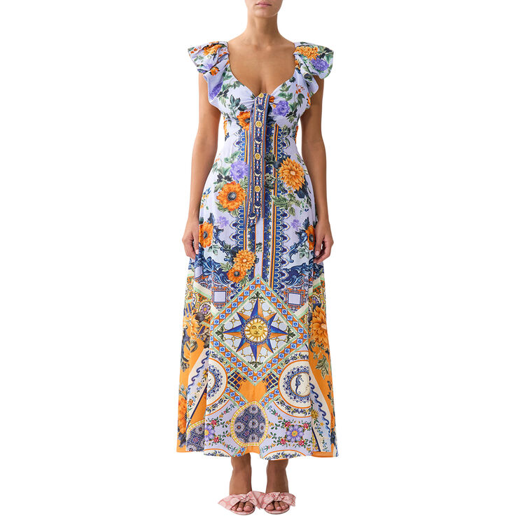 Tie Front Frill Sleeve Long Dress image number null