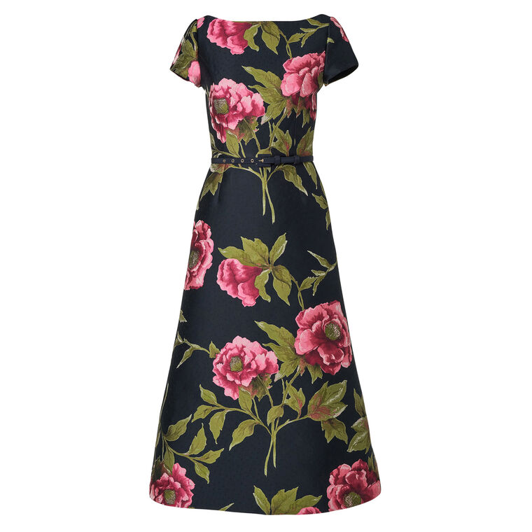 Short Sleeve Peony Jacquard Belted Midi Dress image number null