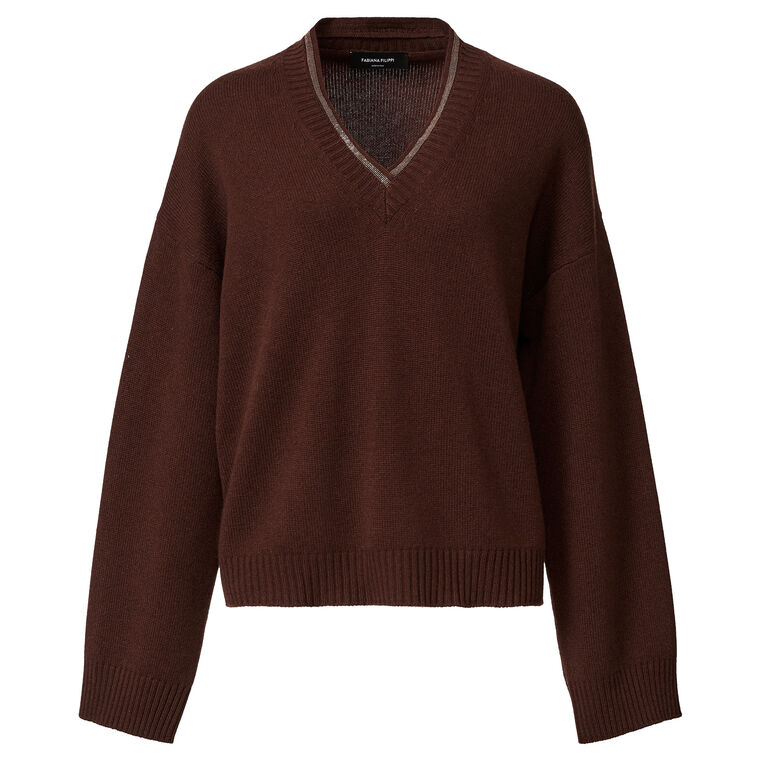 Long Sleeve V-Neck Embellished Collar Sweater image number null