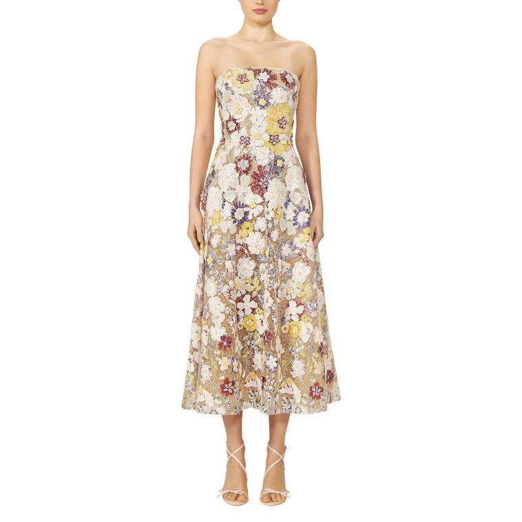 Jassa Emboidered Beaded Lace Floral Strapless Midi Dress image number null