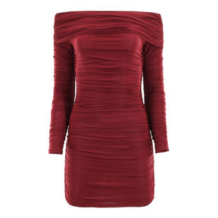 Kya Ruched Off-The-Shoulder Long Sleeve Mini Dress