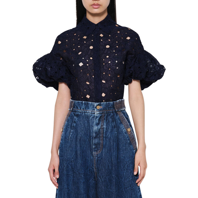 Embroidered Cotton Puff Sleeve Button Down Blouse image number null