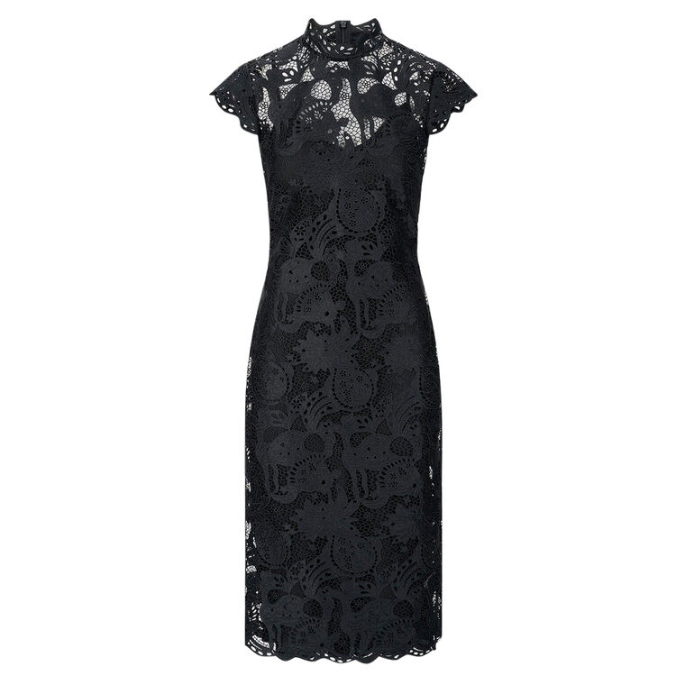 Rosaline Short Sleeve Mock Neck Lace Midi Dress image number null