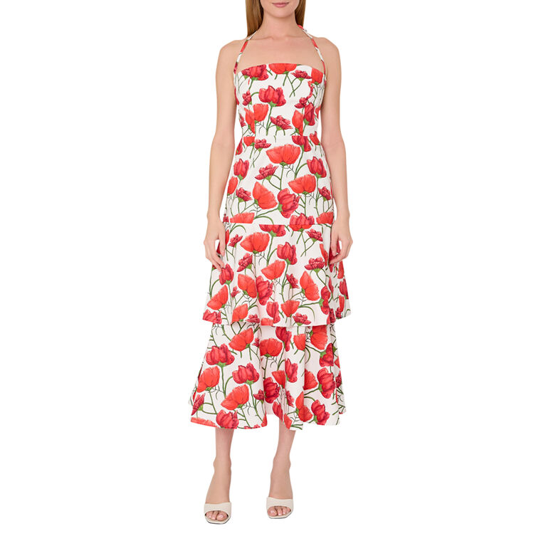Nia Red Peonia Sleeveless Poplin Midi Dress image number null