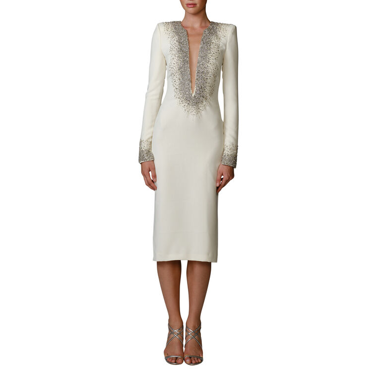 Long Sleeve V-Neck Cocktail Dress With Crystal Embellishment image number null