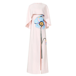 Jessine Strapless Floral Applique Crepe Gown With Cape
