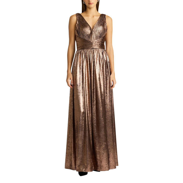 Rose Gold Metallic Pleated Gown image number null