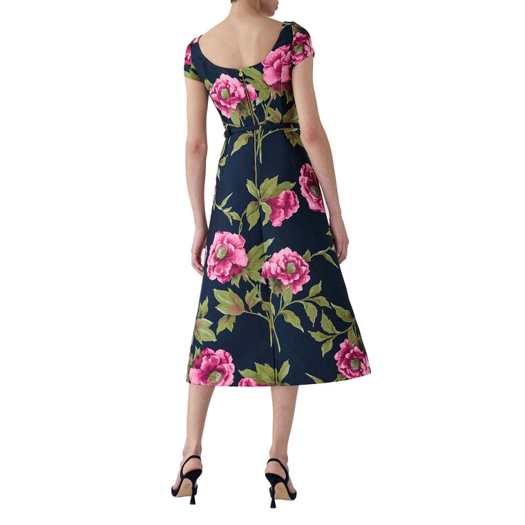 Short Sleeve Peony Jacquard Belted Midi Dress image number null