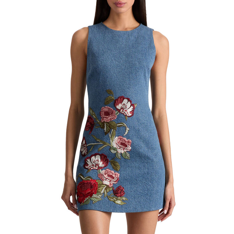 Cade Embroidered Denim Sleeveless Mini Shift Dress image number null