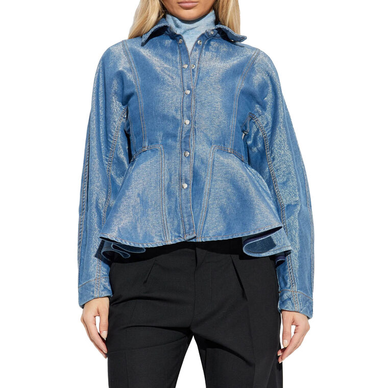 Long Sleeve Shiny Weft Denim Peplum Shirt image number null