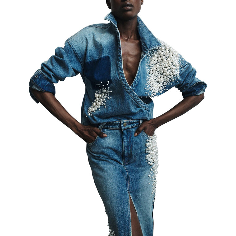 Astro Embellished Heavy Denim Wrap Shirt image number null