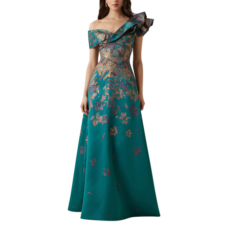 Metallic Jacquard Asymmetrical Ruffle Shoulder Floor-Length Gown image number null