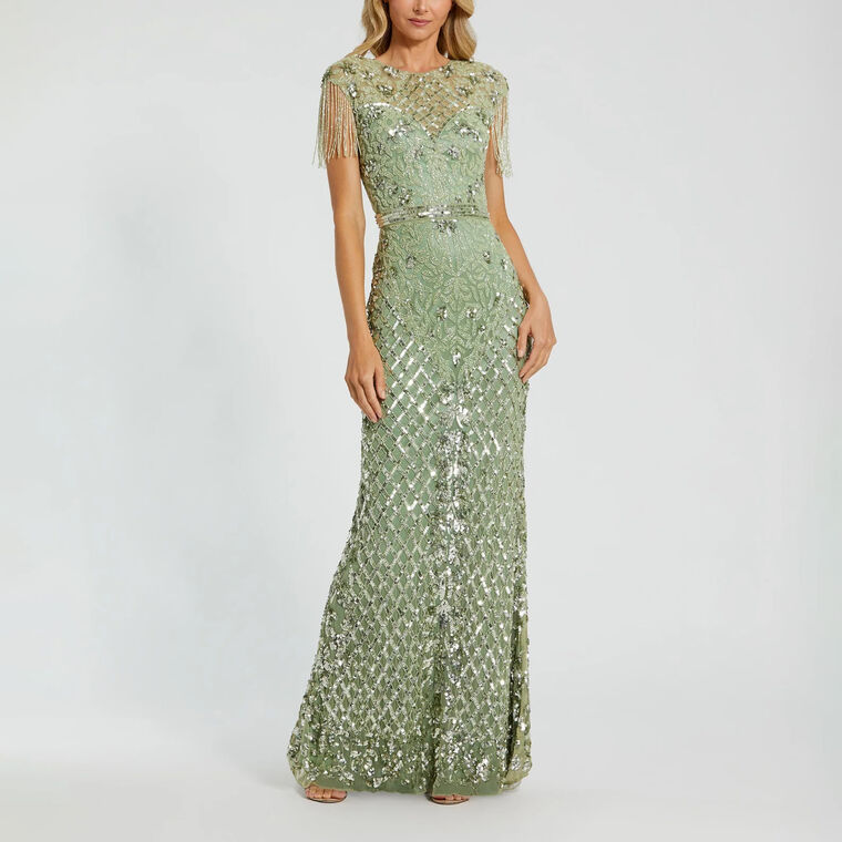 High Neck Sleeveless Beaded Fringe Fitted Gown image number null