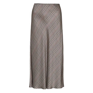Pressed Plaid Shaped Hem Satin Midi Slip Skirt