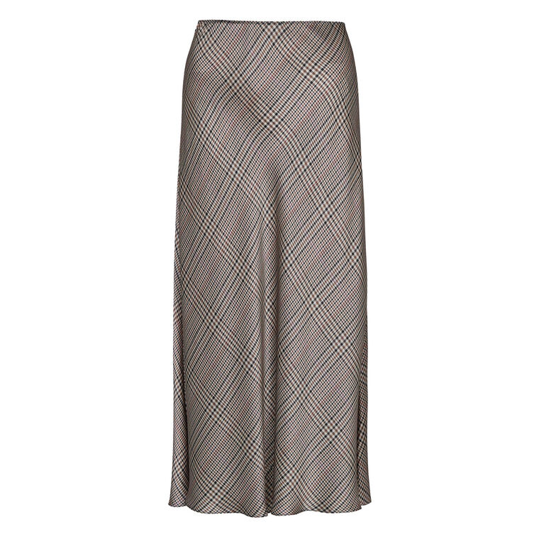 Pressed Plaid Shaped Hem Satin Midi Slip Skirt image number null