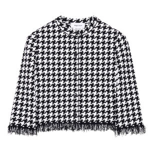 Houndstooth Button-Front Crew Neck Cardigan