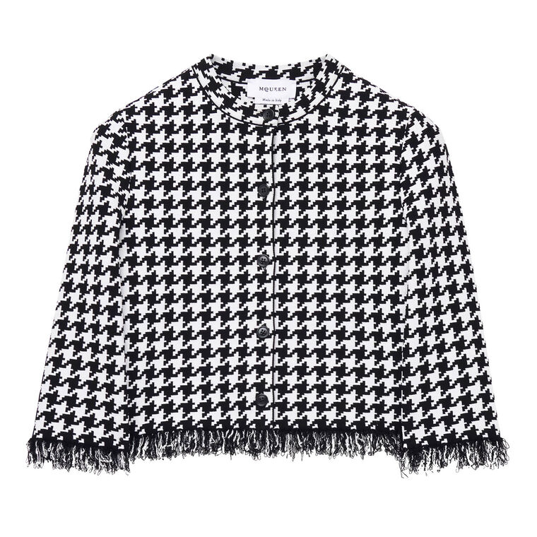 Houndstooth Button-Front Crew Neck Cardigan image number null