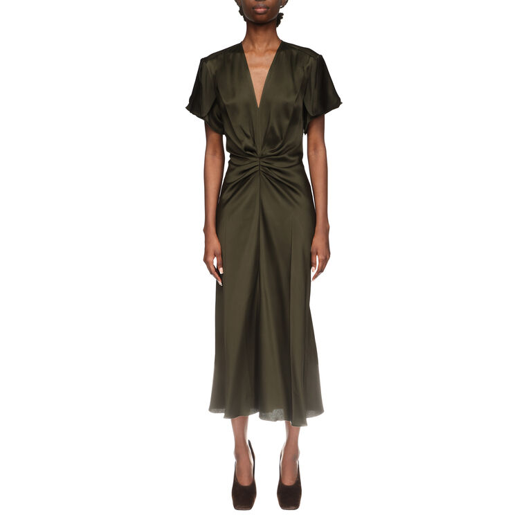 Gathered V-Neck Bella Short Sleeve Midi Dress image number null